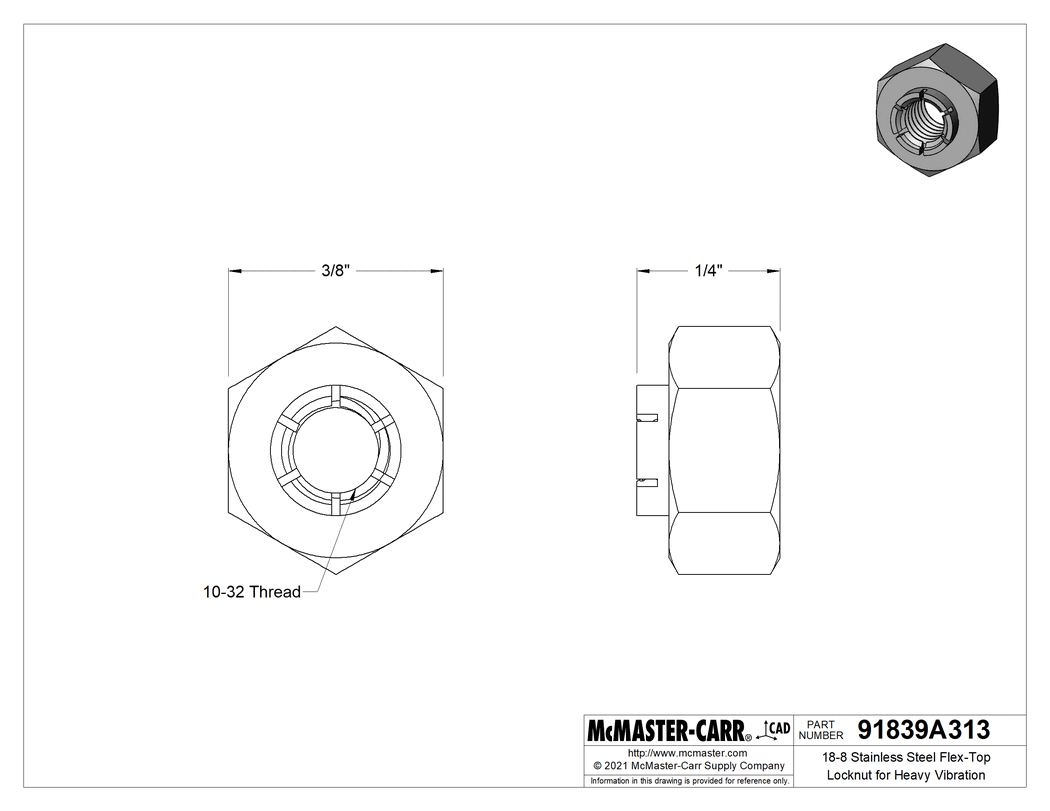 Technical Drawing of 18-8 Stainless Steel Flex-Top Locknut for Heavy Vibration, Black-Oxide Finish, 10-32 Thread Size.